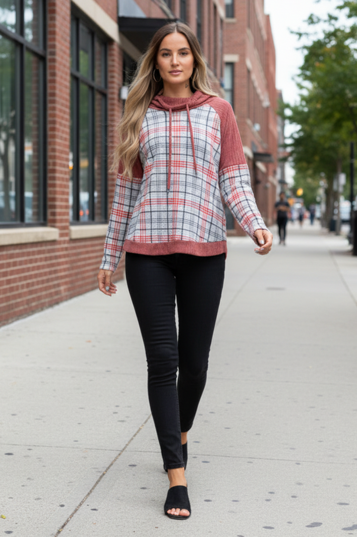 RUST COWL NECK DRAWSTRING MADRAS KNIT TOP-TT3435-