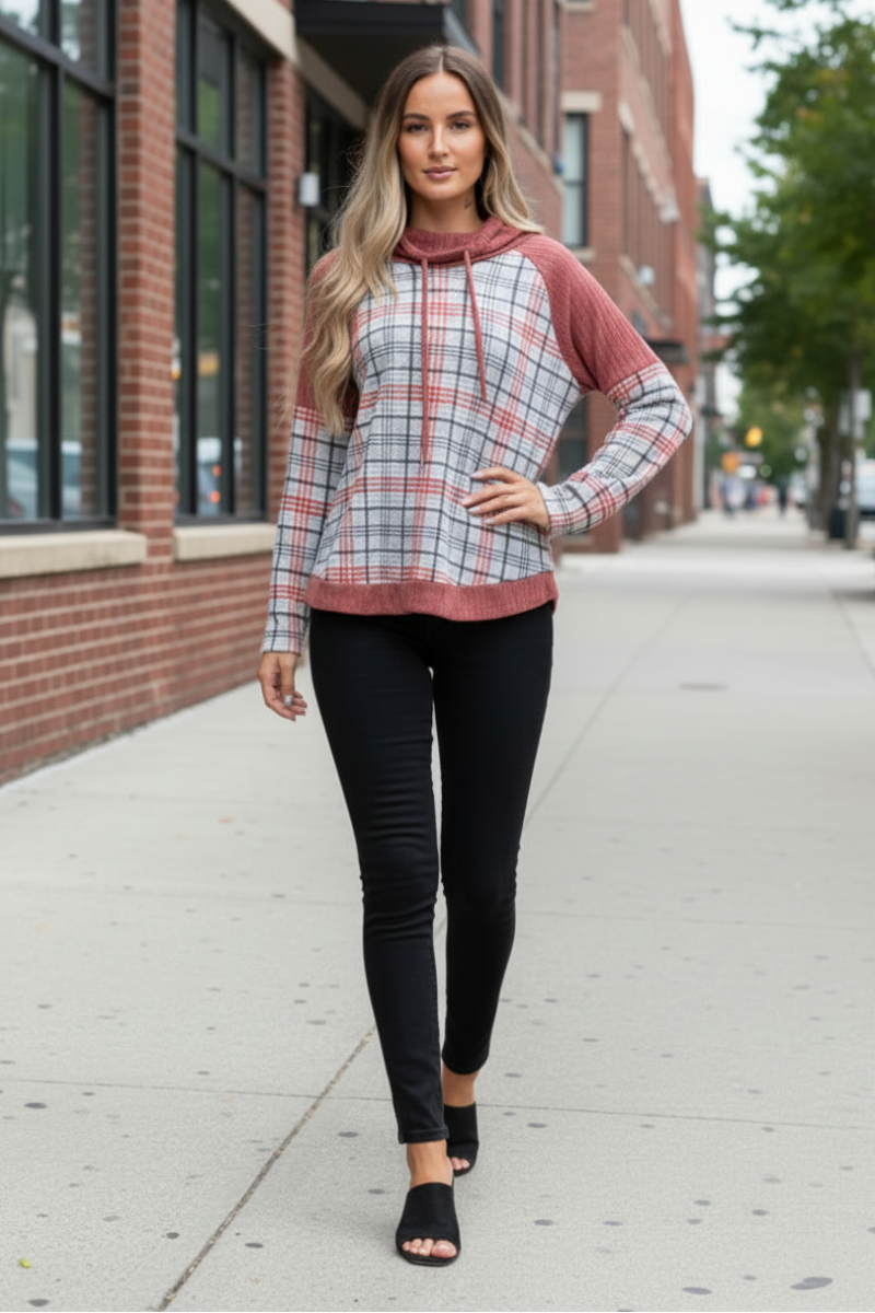 RUST COWL NECK DRAWSTRING MADRAS KNIT TOP-TT3435-