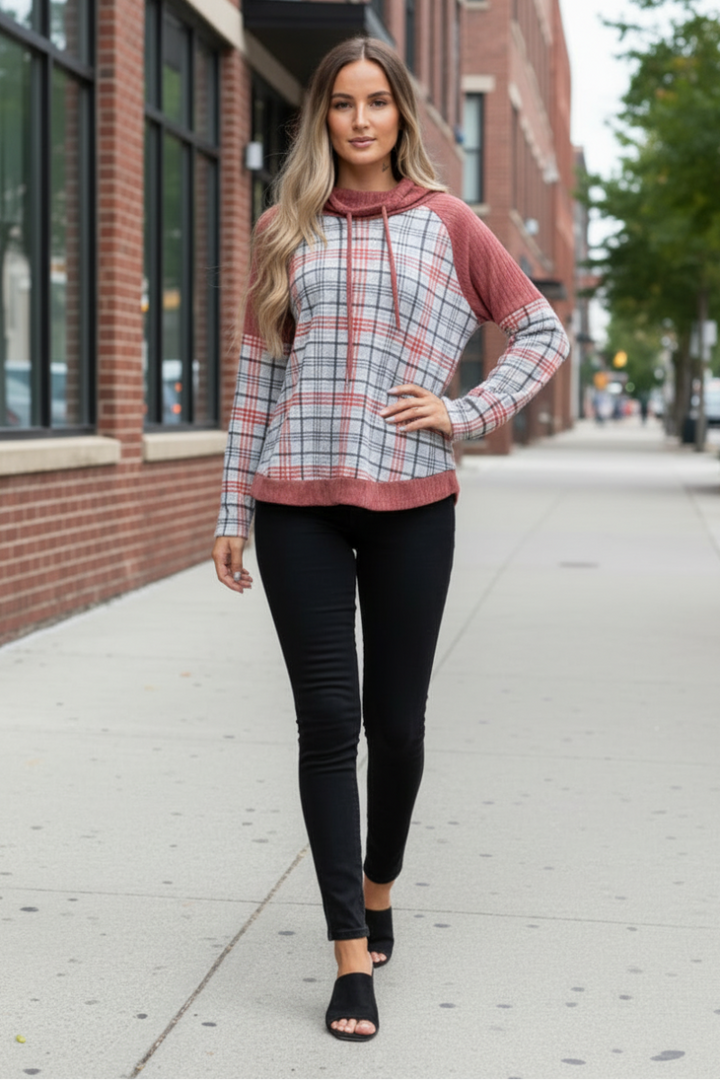 RUST COWL NECK DRAWSTRING MADRAS KNIT TOP-TT3435-
