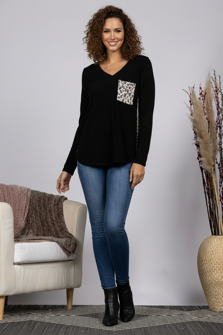 BLACK LEOPARD PRINT CONTRAST LONG SLEEVES KNIT TOP-ST1792
