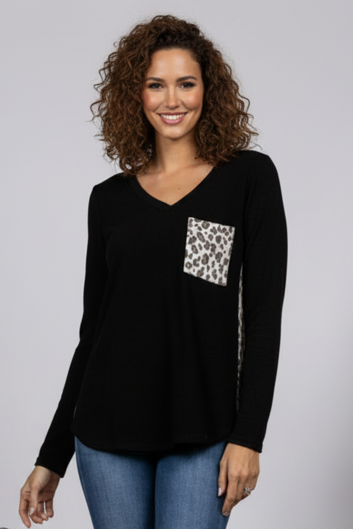 BLACK LEOPARD PRINT CONTRAST LONG SLEEVES KNIT TOP-ST1792