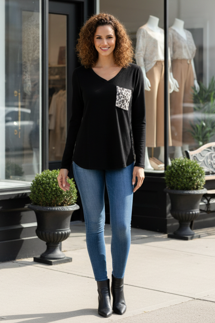 BLACK LEOPARD PRINT CONTRAST LONG SLEEVES KNIT TOP-ST1792