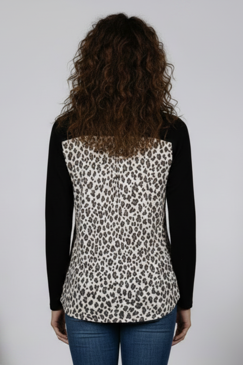 BLACK LEOPARD PRINT CONTRAST LONG SLEEVES KNIT TOP-ST1792