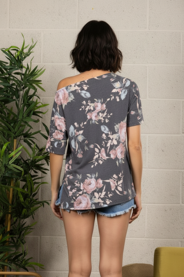CHARCOAL FLOWER PRINT OFF SHOULDER  KNIT TOP-ST1676*