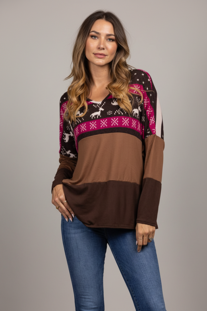 REINDEERS PRINT HICKORY BROWN CONTRAST KNIT TOP B5590
