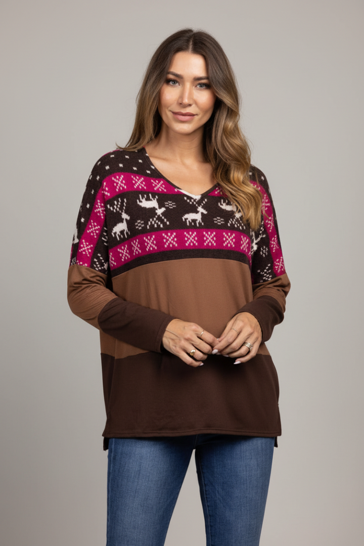 REINDEERS PRINT HICKORY BROWN CONTRAST KNIT TOP B5590