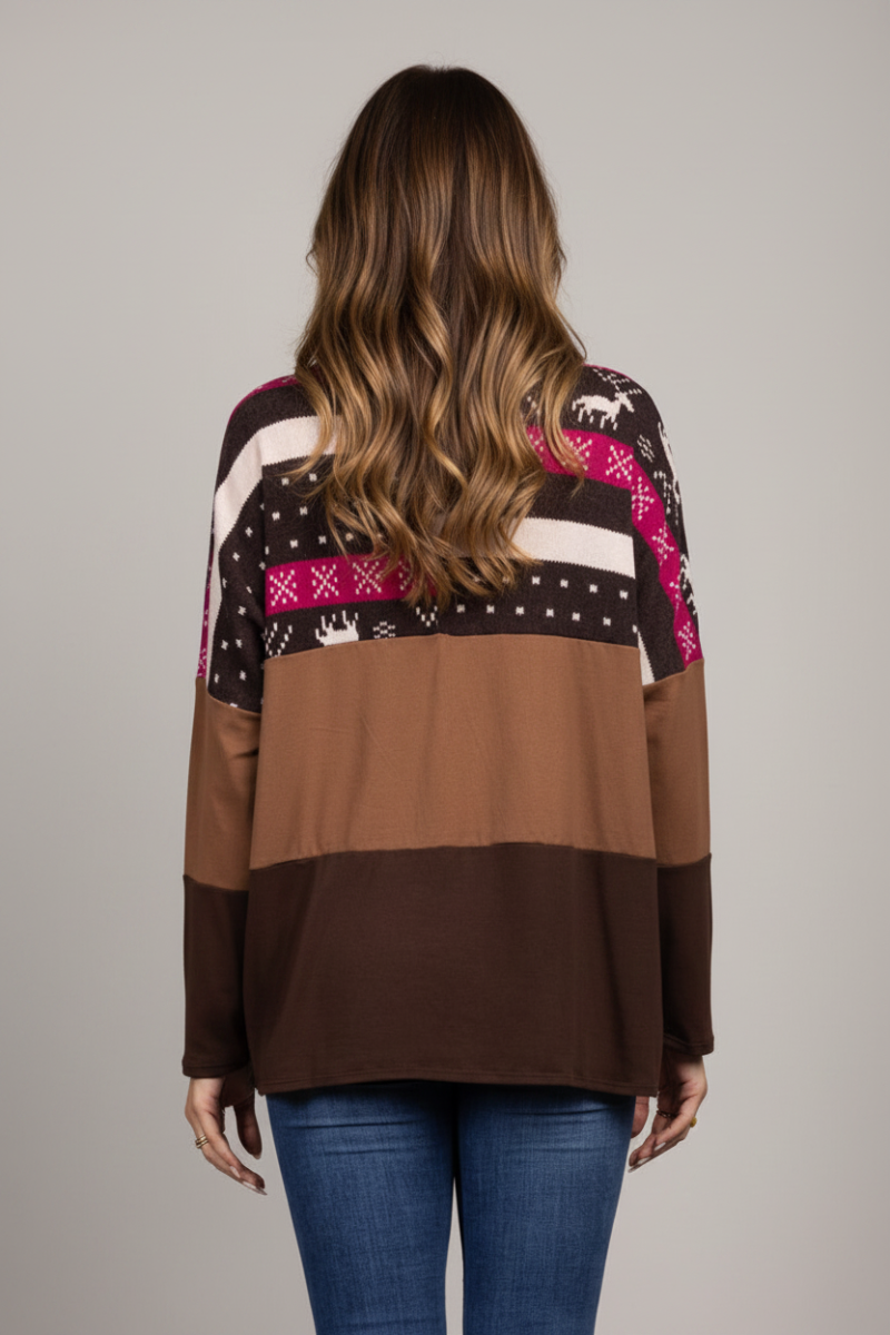REINDEERS PRINT HICKORY BROWN CONTRAST KNIT TOP B5590