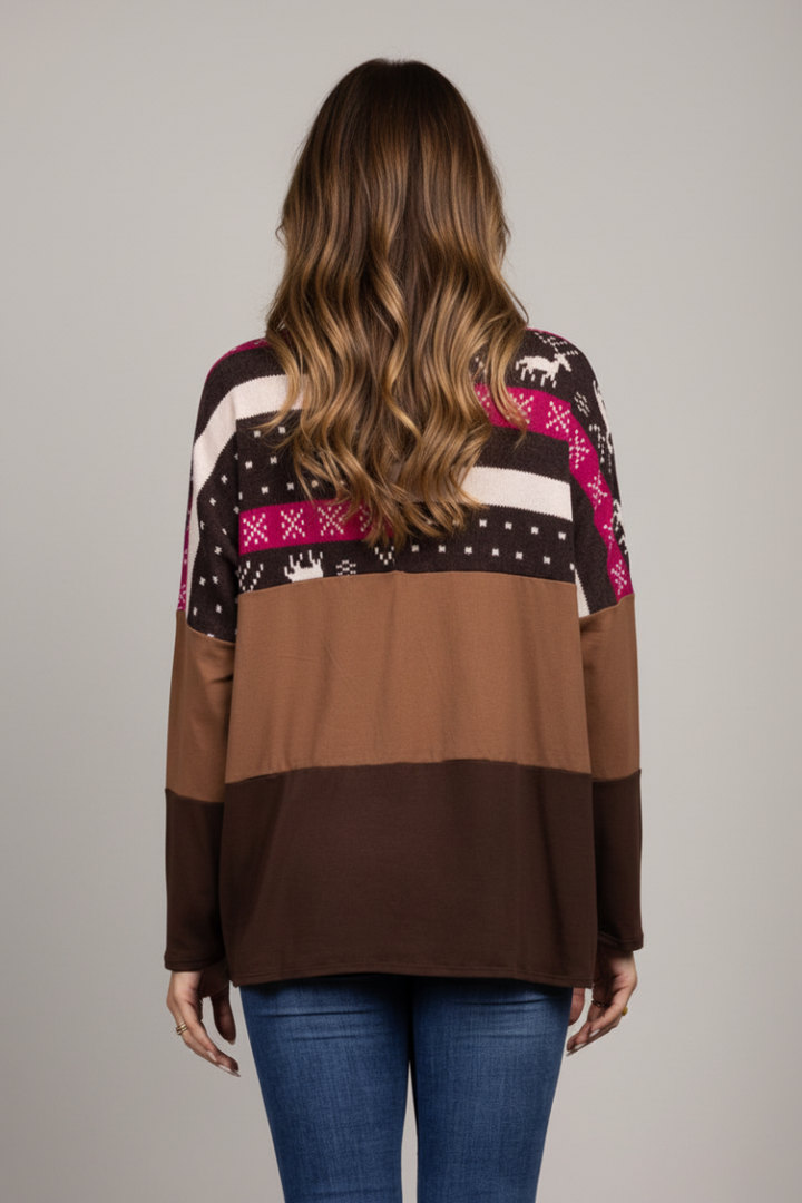 REINDEERS PRINT HICKORY BROWN CONTRAST KNIT TOP B5590