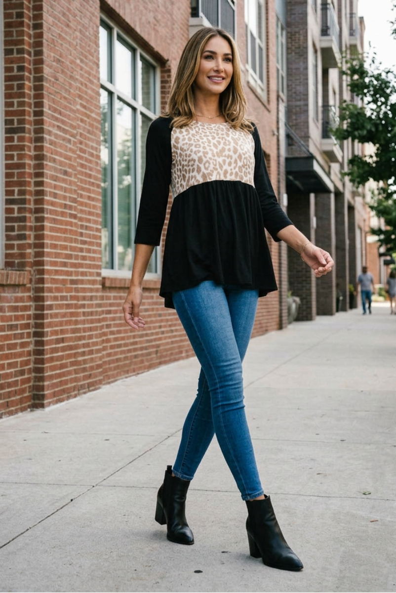 NOIR BLACK ANIMAL PRINT BABY-DOLL STYLE KNIT TOP B50596