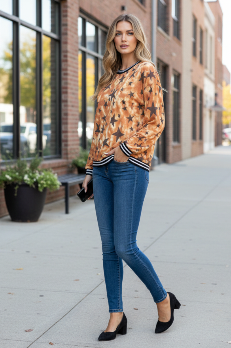 STAR PRINT LONG SLEEVES TOP TJ10340