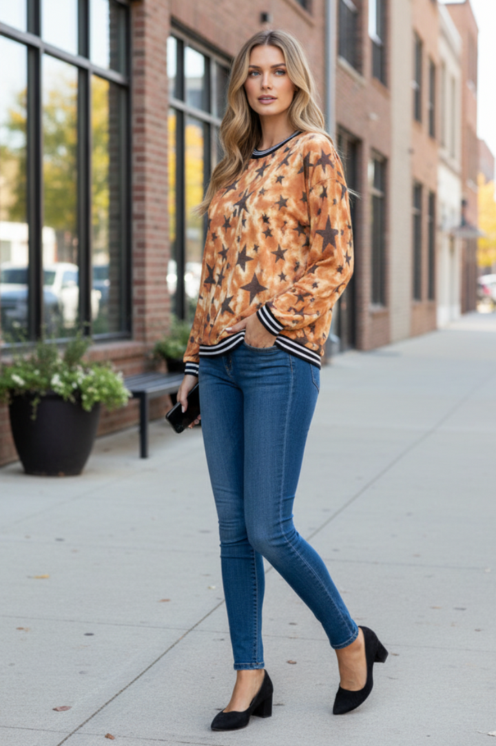 STAR PRINT LONG SLEEVES TOP TJ10340