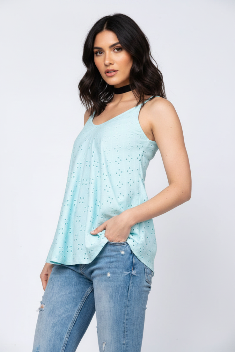 POWDER BLUE SLEEVELESS EYELET TOP B5367*
