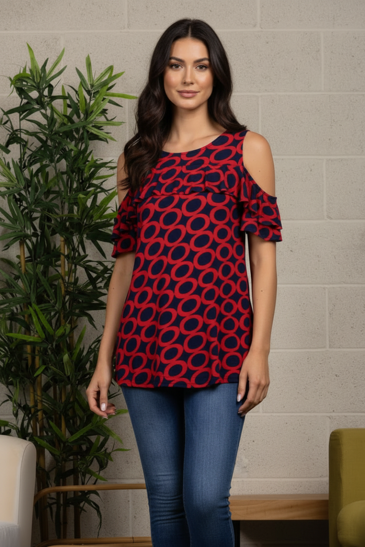 RED NAVY ROUND NECK COLD SHOULDER BLOUSE TOP B5632