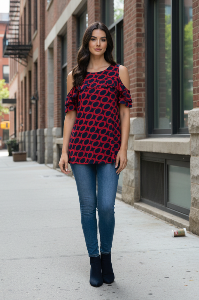 RED NAVY ROUND NECK COLD SHOULDER BLOUSE TOP B5632