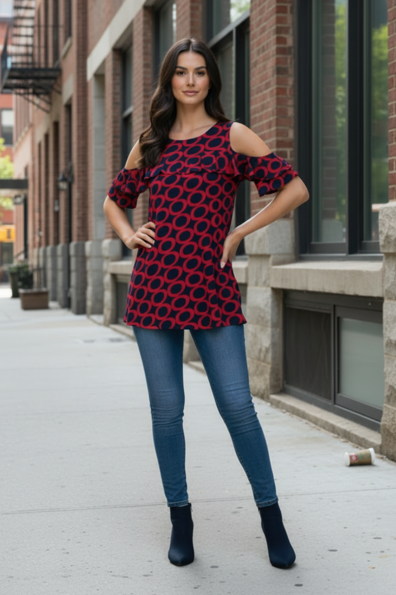 RED NAVY ROUND NECK COLD SHOULDER BLOUSE TOP B5632