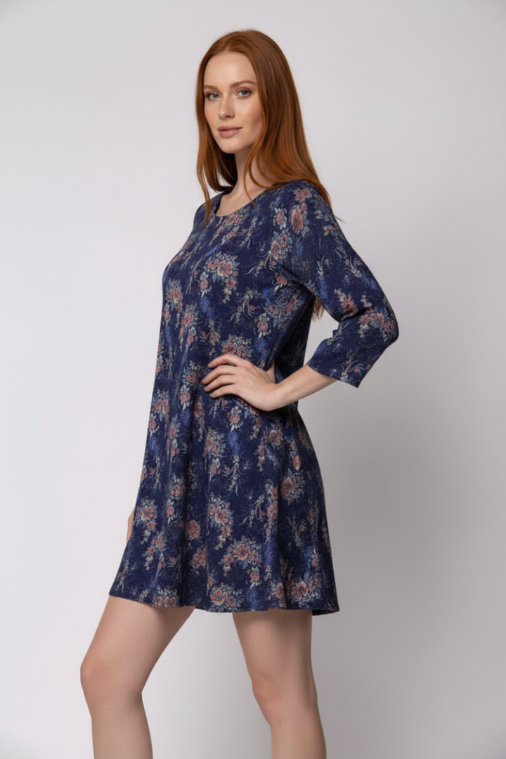 NAVY FLORAL PRINT SWING MINI DRESS-D35263