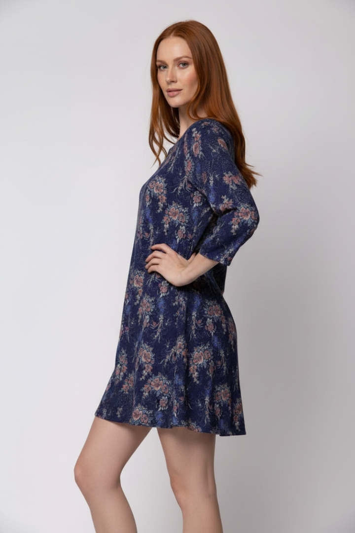 NAVY FLORAL PRINT SWING MINI DRESS-D35263