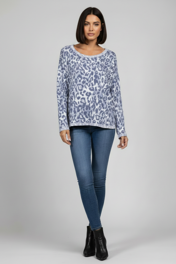 BLUE LEOPARD PRINT LONG SLEEVE KNIT TOP TJ10921-