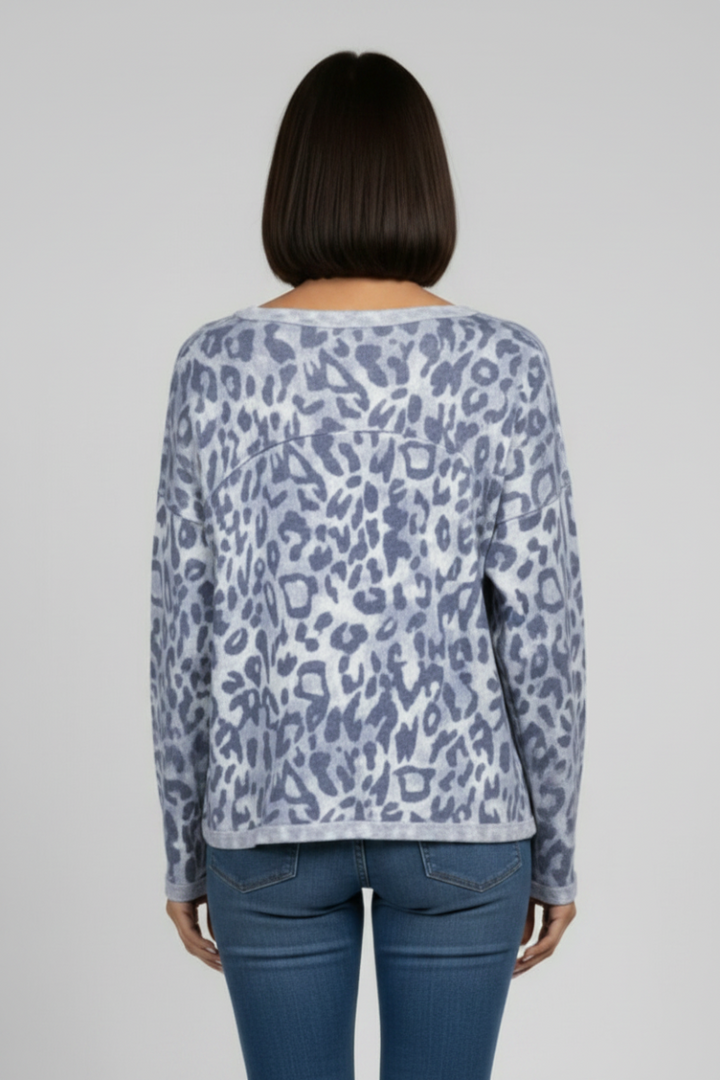 BLUE LEOPARD PRINT LONG SLEEVE KNIT TOP TJ10921-