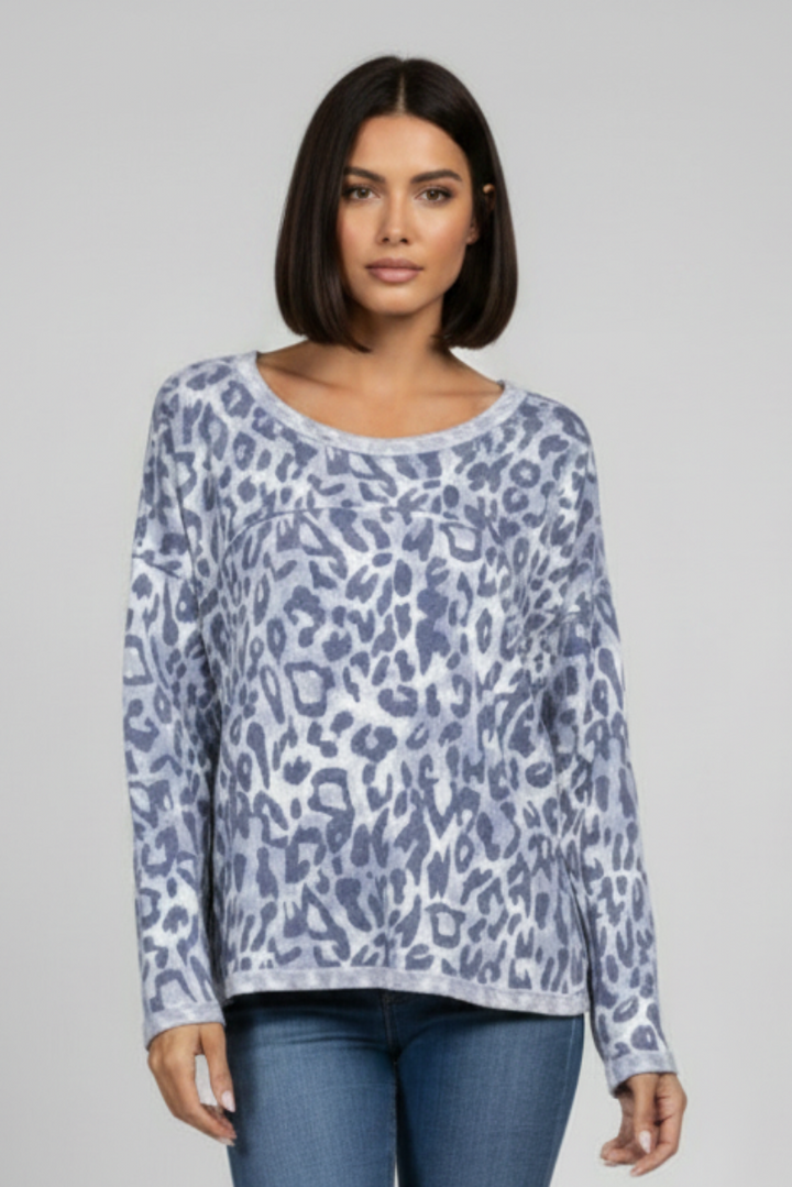 BLUE LEOPARD PRINT LONG SLEEVE KNIT TOP TJ10921-