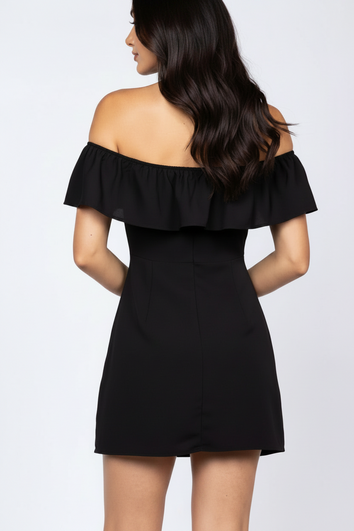 NOIR BLACK RUFFLE OFF SHOULDERS MINI DRESS-BD9284