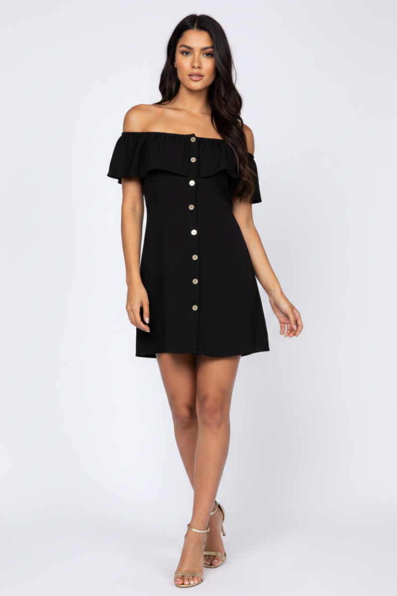 NOIR BLACK RUFFLE OFF SHOULDERS MINI DRESS-BD9284