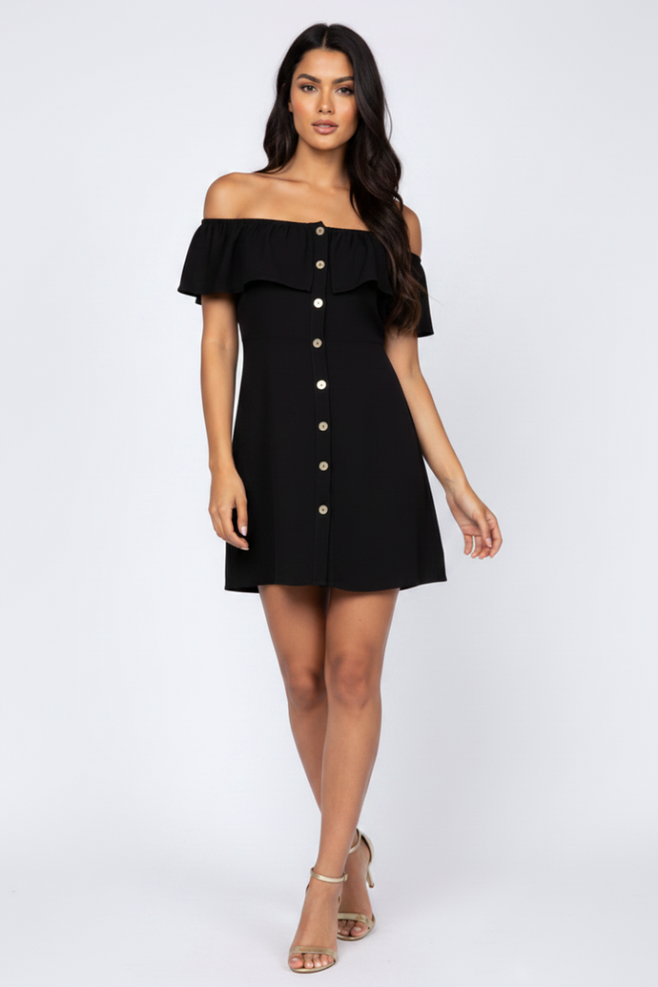 NOIR BLACK RUFFLE OFF SHOULDERS MINI DRESS-BD9284