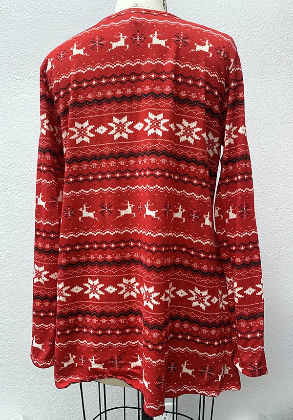 RED REINDEER PRINT LONG SLEEVES RUFFLED TOP