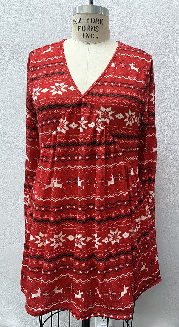 RED REINDEER PRINT LONG SLEEVES RUFFLED TOP