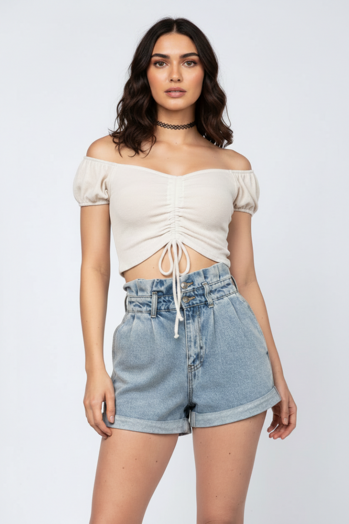 DUSTY GREY OFF SHOULDER RUCHED DRAWSTRING  CROP TOP-H7366*