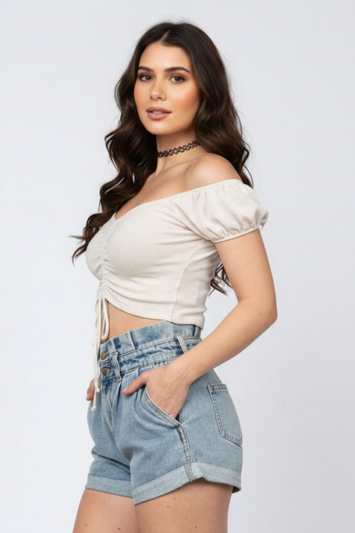 DUSTY GREY OFF SHOULDER RUCHED DRAWSTRING  CROP TOP-H7366*