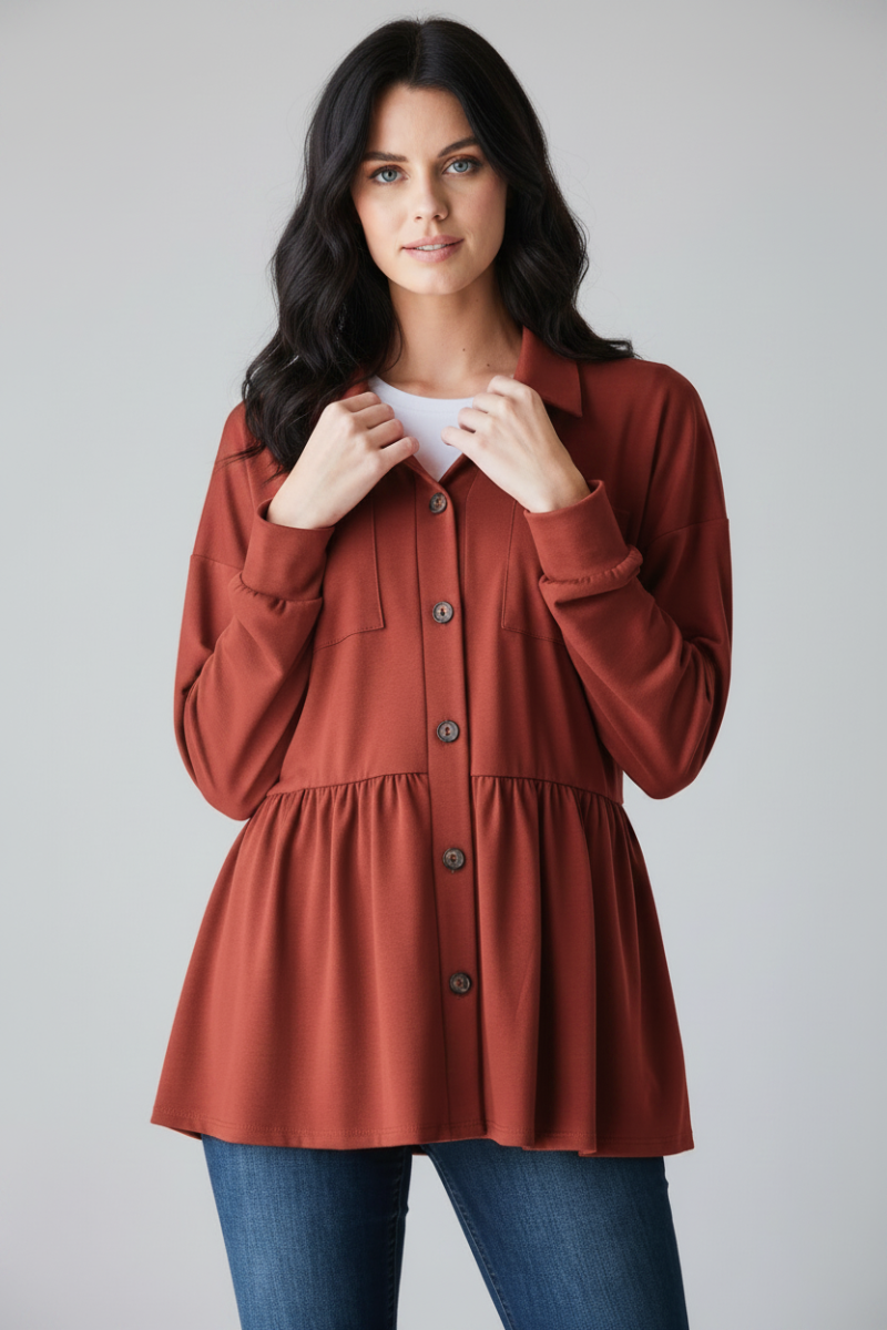 PUFF SLEEVE BUTTON DOWN SHACKET TOP HMEJ6739