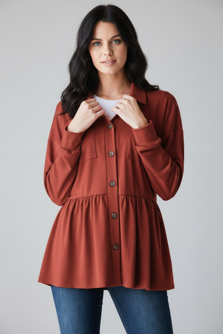 PUFF SLEEVE BUTTON DOWN SHACKET TOP HMEJ6739