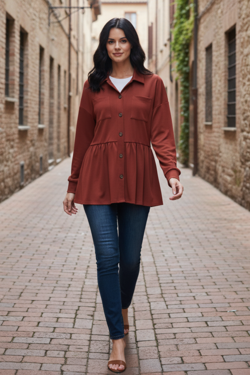 PUFF SLEEVE BUTTON DOWN SHACKET TOP HMEJ6739