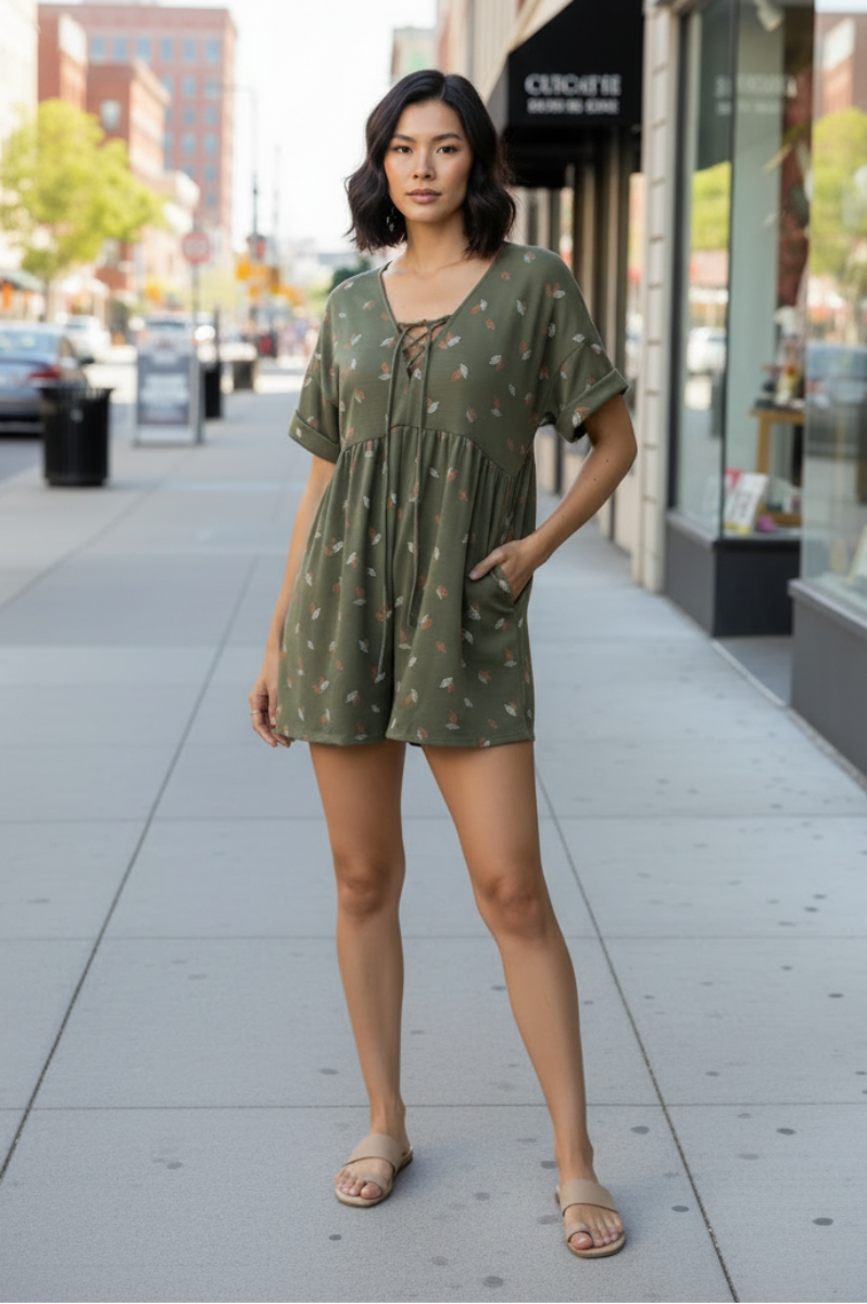 LEAF PRINT V NECK CRISS CROSS ROMPER-BJ6877PB-