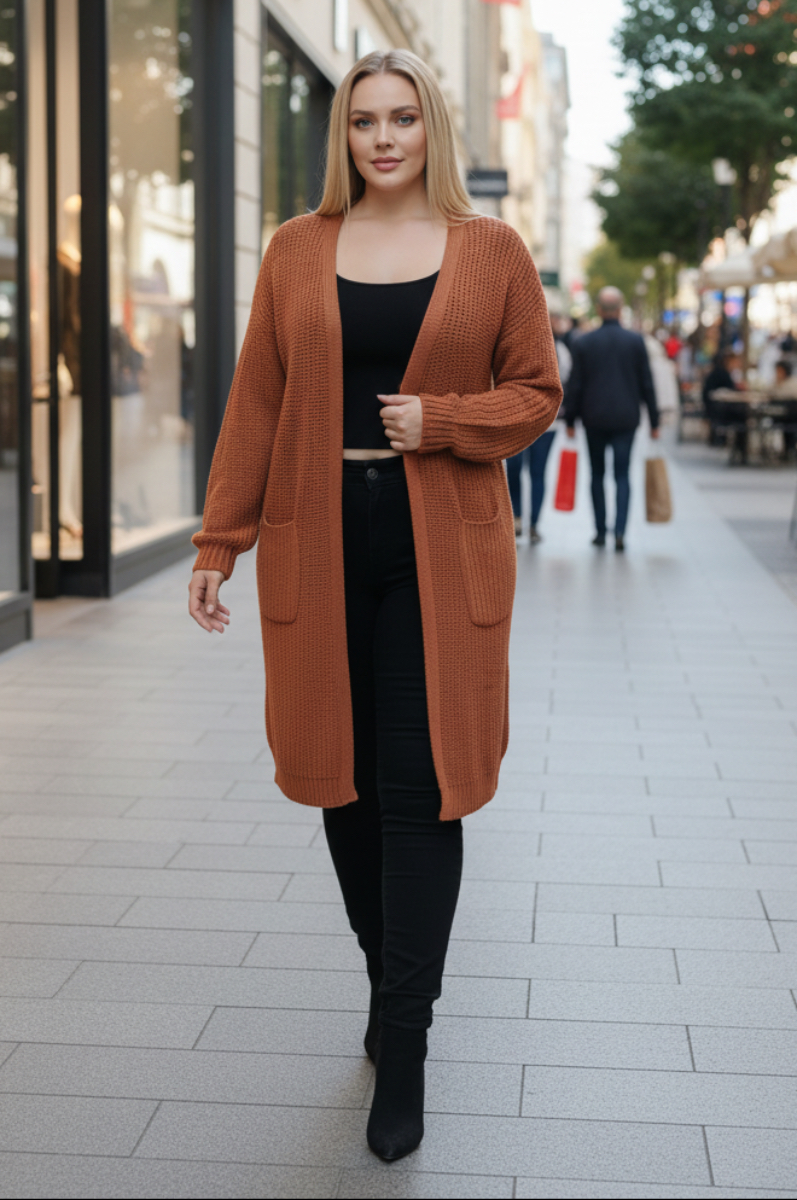CABLE KNIT OPEN FRONT LONG CARDIGAN S1810XL-