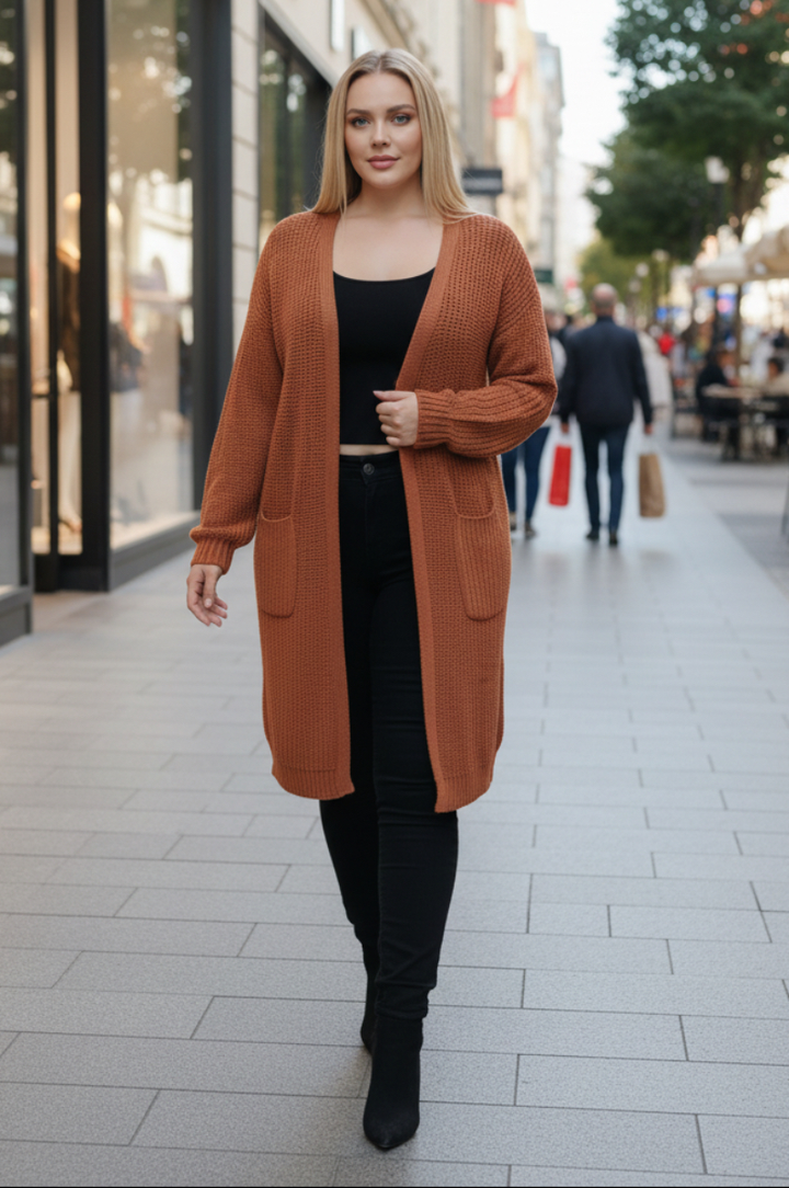 CABLE KNIT OPEN FRONT LONG CARDIGAN S1810XL-