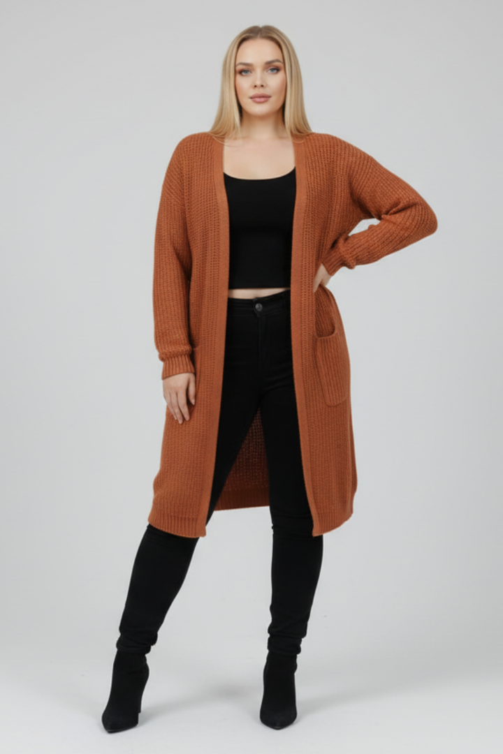 CABLE KNIT OPEN FRONT LONG CARDIGAN S1810XL-