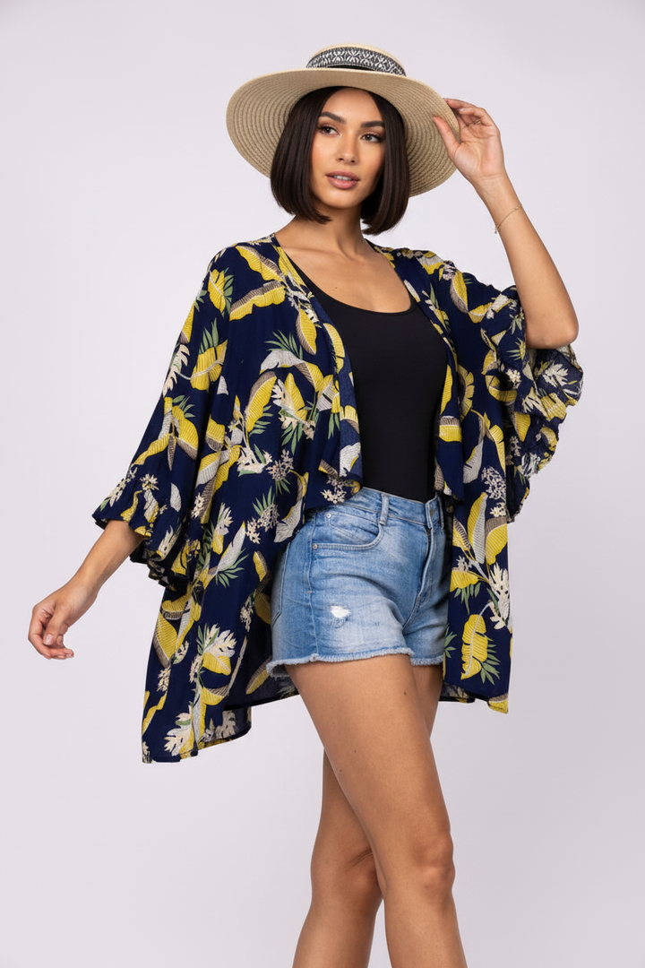 BLUE TROPICAL PRINT WATERFALL STYLE COVER UP-J11684FA