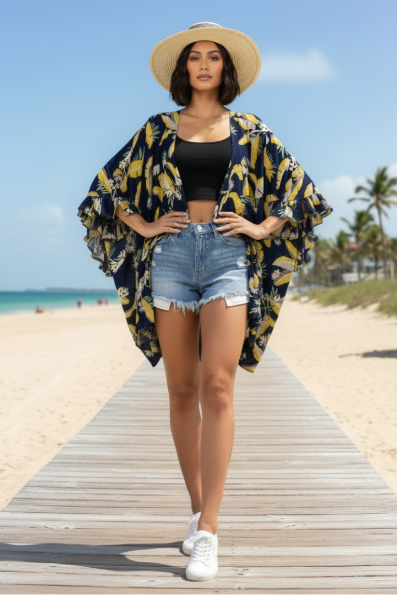 BLUE TROPICAL PRINT WATERFALL STYLE COVER UP-J11684FA