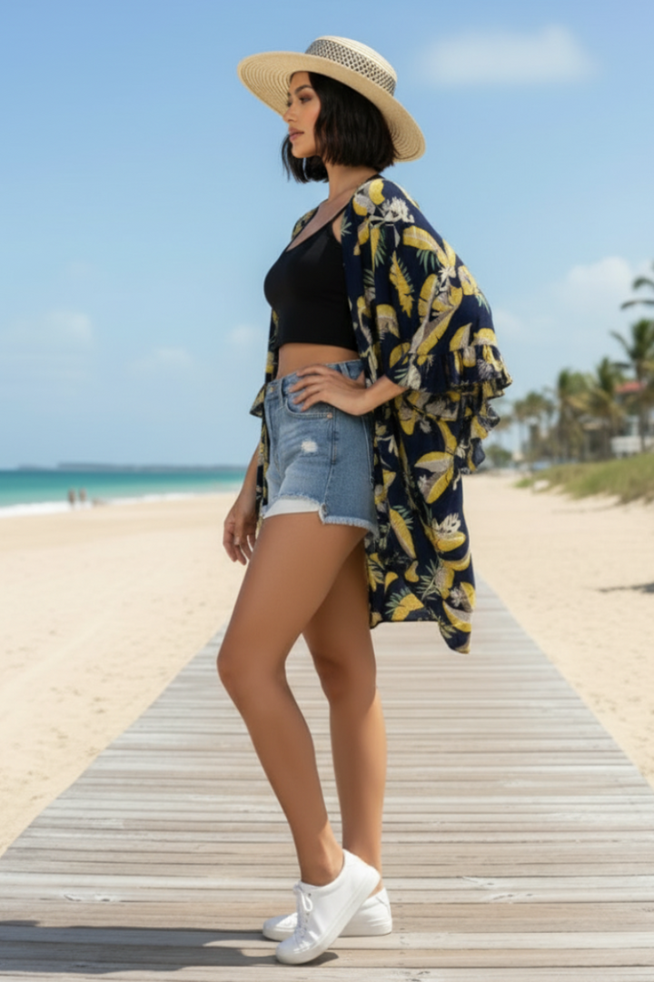 BLUE TROPICAL PRINT WATERFALL STYLE COVER UP-J11684FA