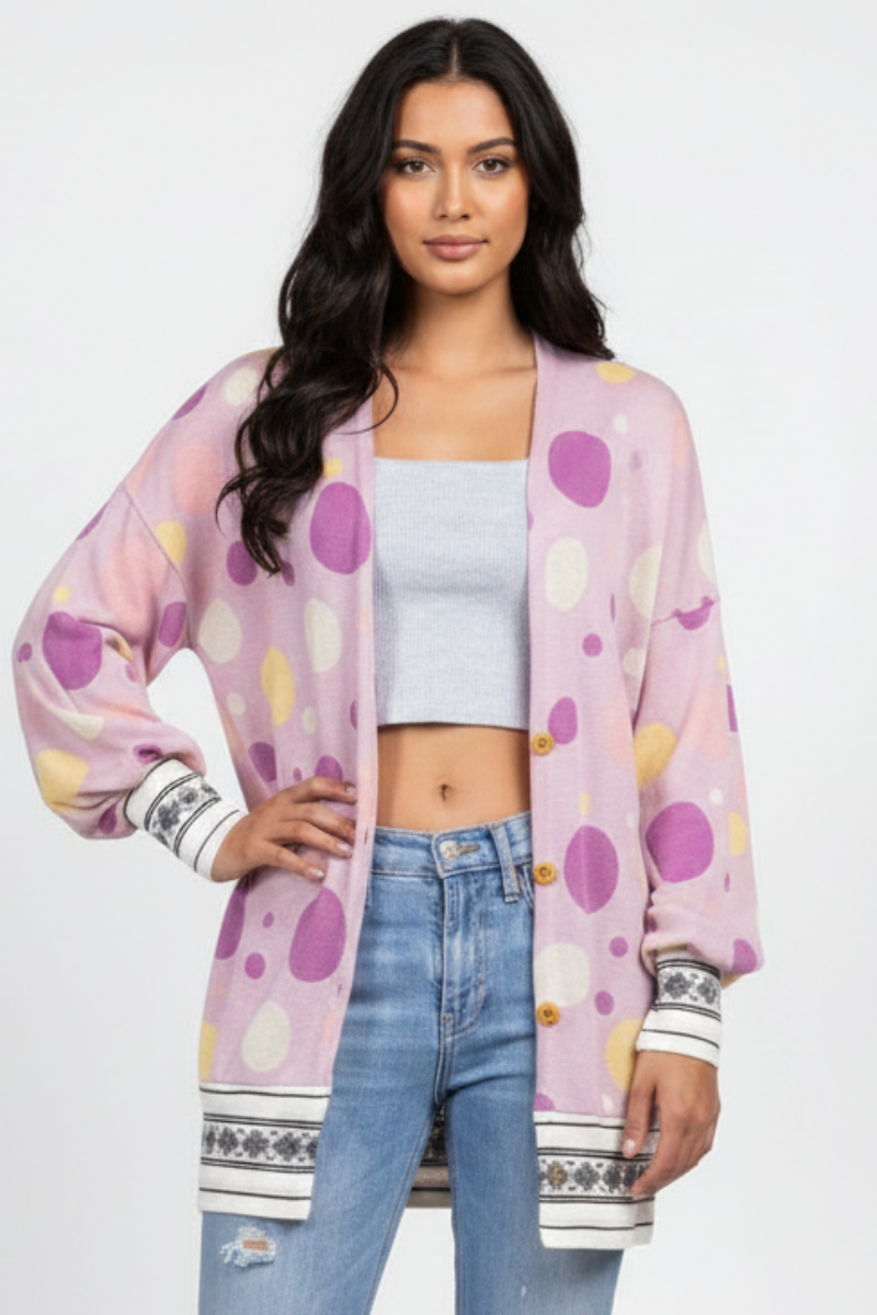 POLKA DOT OPEN FRONT RIB STITCH CARDIGAN T6748