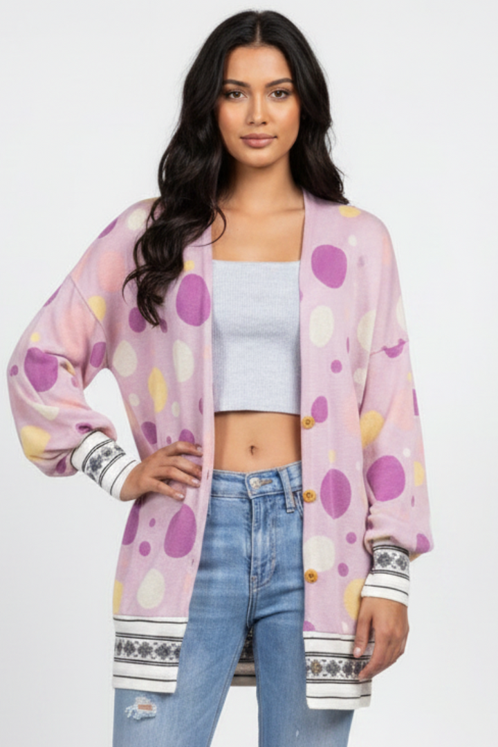 POLKA DOT OPEN FRONT RIB STITCH CARDIGAN T6748