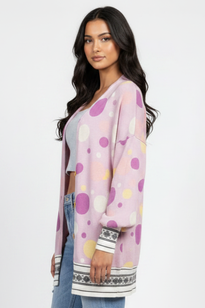 POLKA DOT OPEN FRONT RIB STITCH CARDIGAN T6748