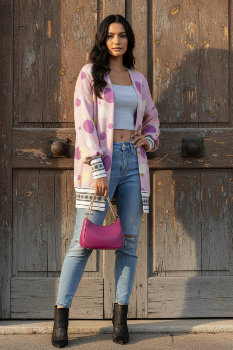 POLKA DOT OPEN FRONT RIB STITCH CARDIGAN T6748