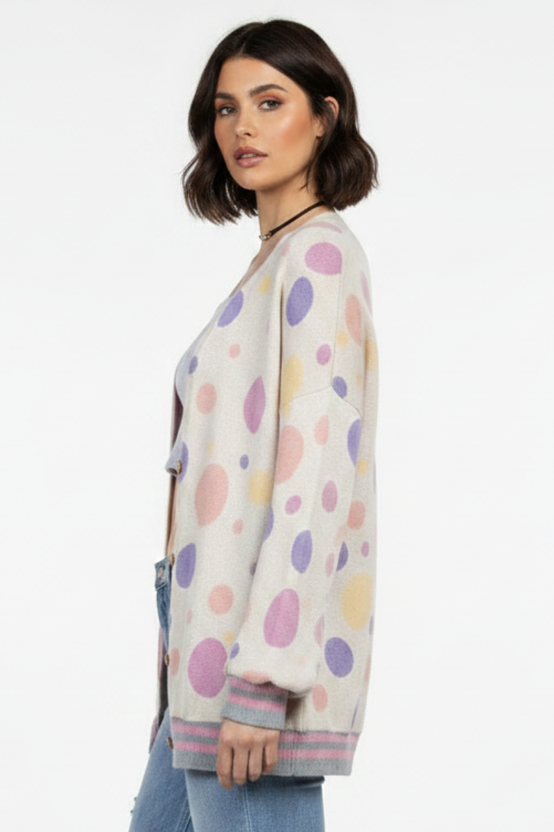 POLKA DOT OPEN FRONT RIB STITCH CARDIGAN T6748