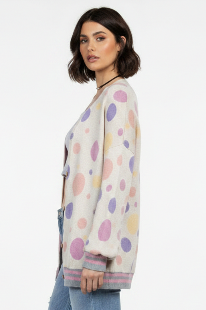 POLKA DOT OPEN FRONT RIB STITCH CARDIGAN T6748