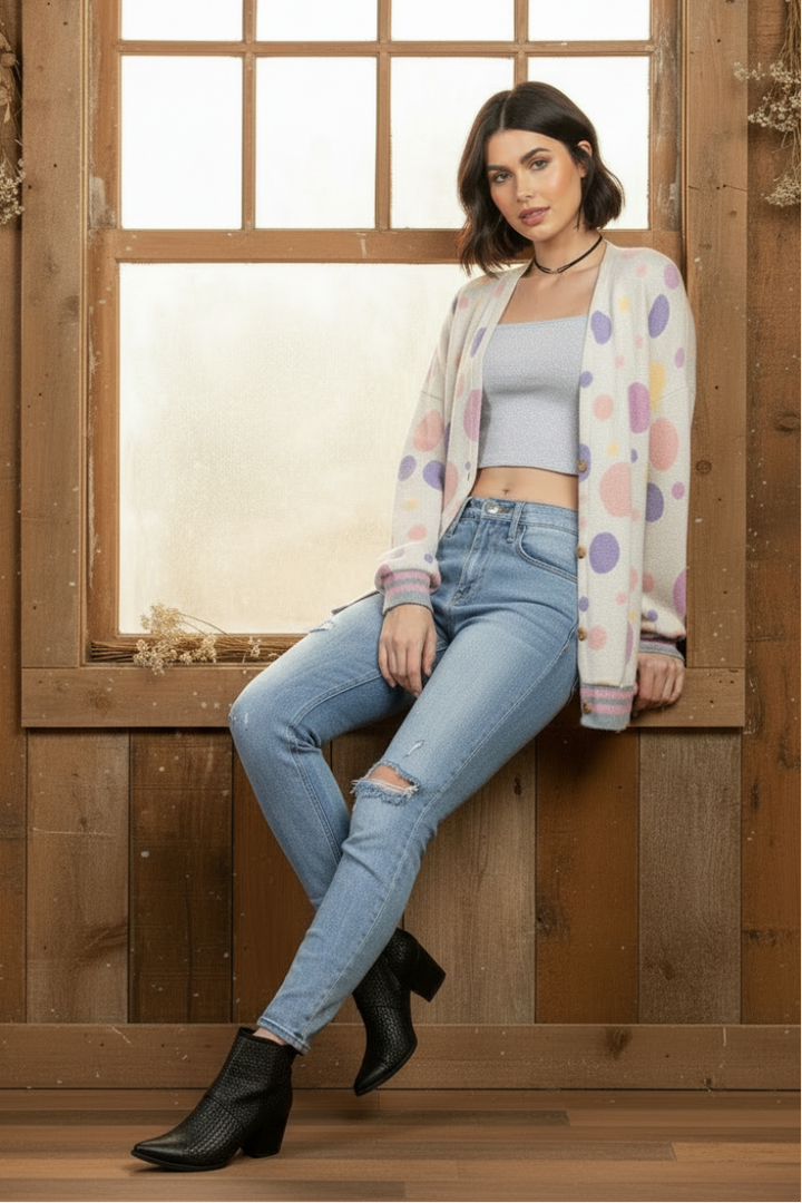 POLKA DOT OPEN FRONT RIB STITCH CARDIGAN T6748
