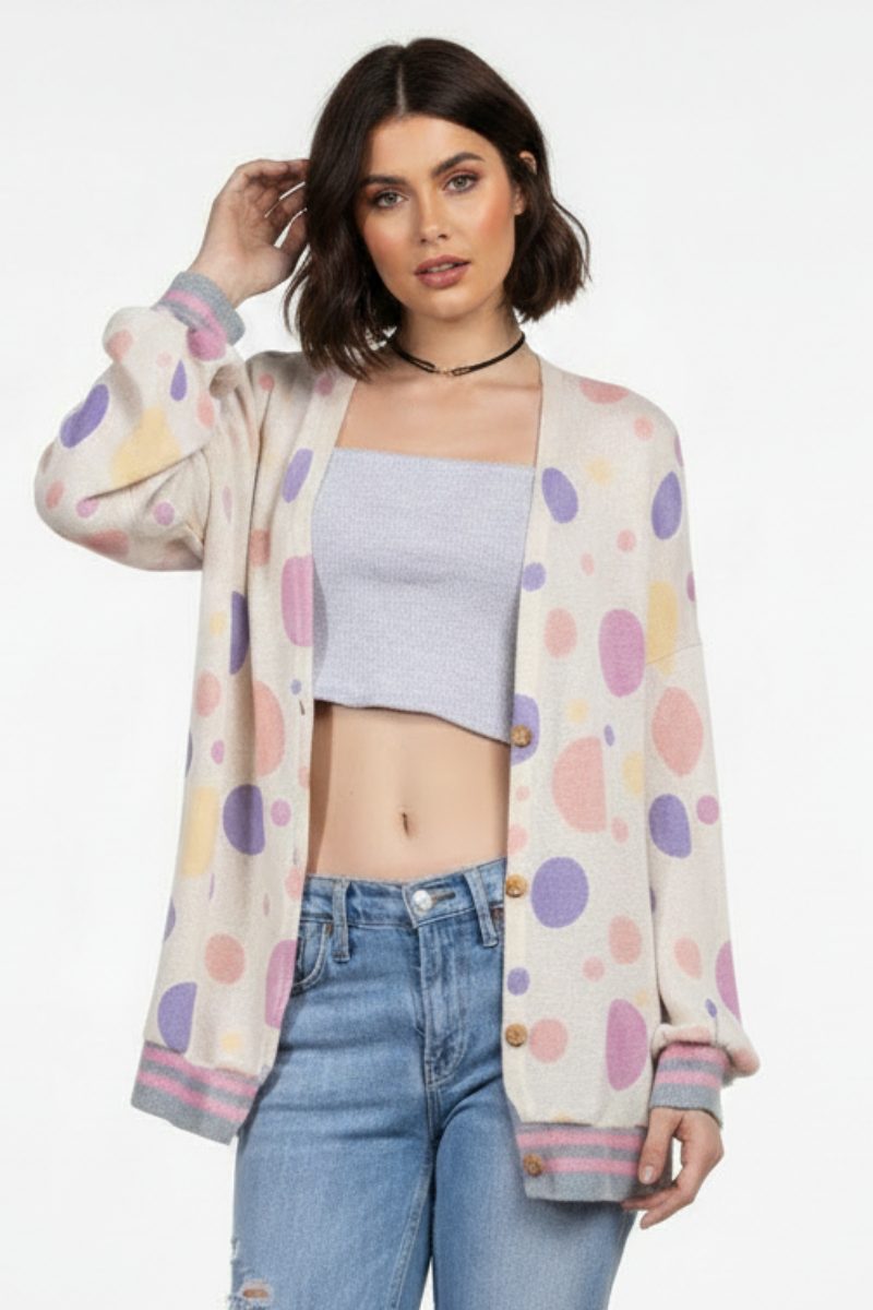 POLKA DOT OPEN FRONT RIB STITCH CARDIGAN T6748