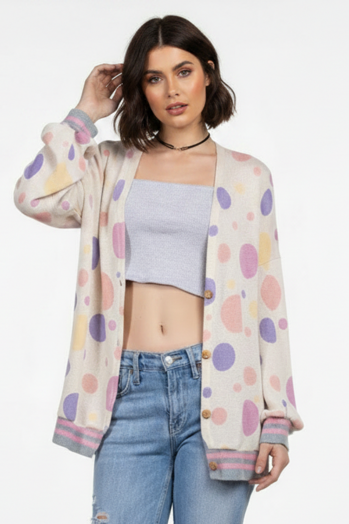 POLKA DOT OPEN FRONT RIB STITCH CARDIGAN T6748